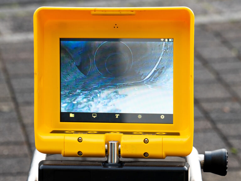 Professionelle TV-Kanaluntersuchung: Monitor zeigt die Live-Aufnahme einer Kanalkamera zur Inspektion eines Abwasserrohrs.